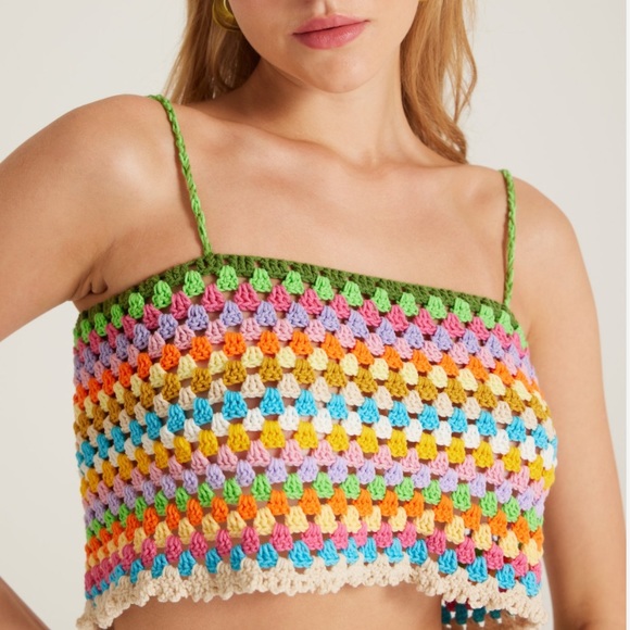 New Society Mano x Free People Colorful June M Green Crochet Handmade Crop Tank - Picture 2 of 14